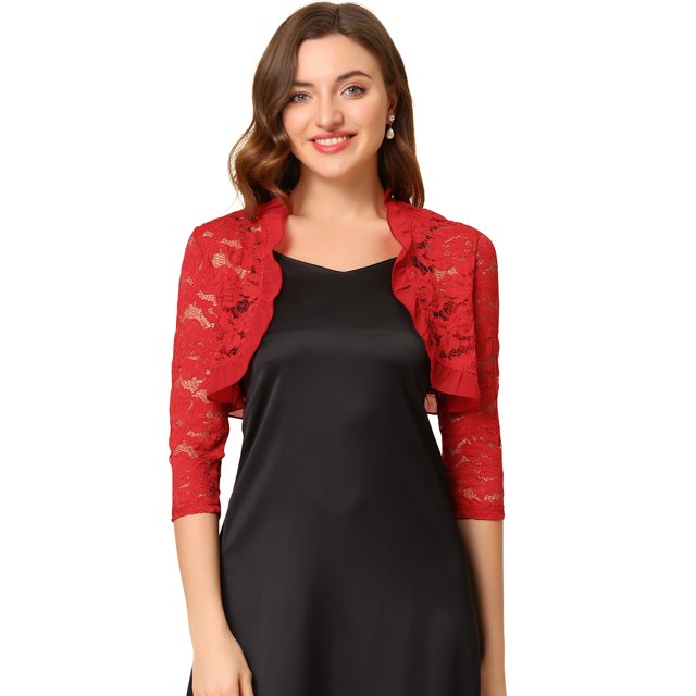 INSPIRE CHIC Boléro en Dentelle Élégant pour Femme à Col Volanté, Manches 3/4, devant