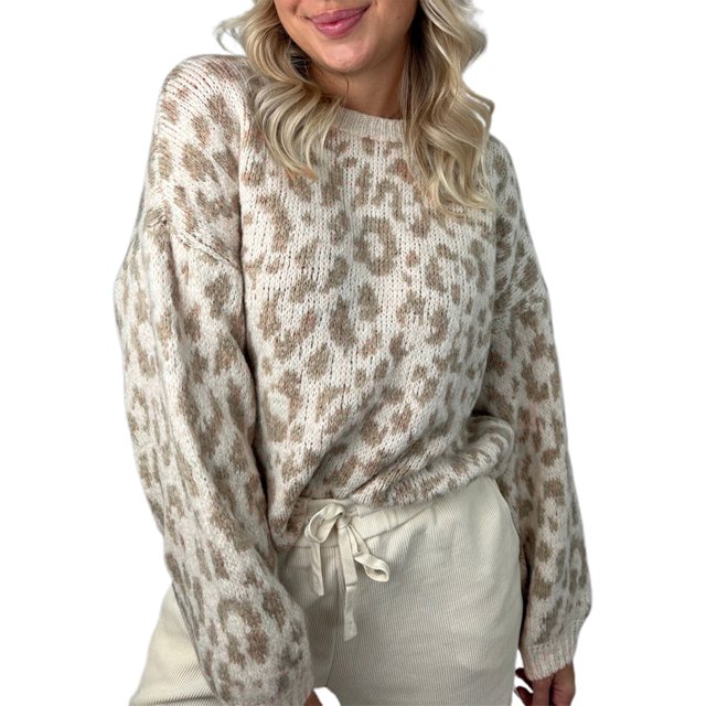 Honganda Chandail Ample d'Automne pour Femmes Motif Léopard Manches Longues Tricoté
