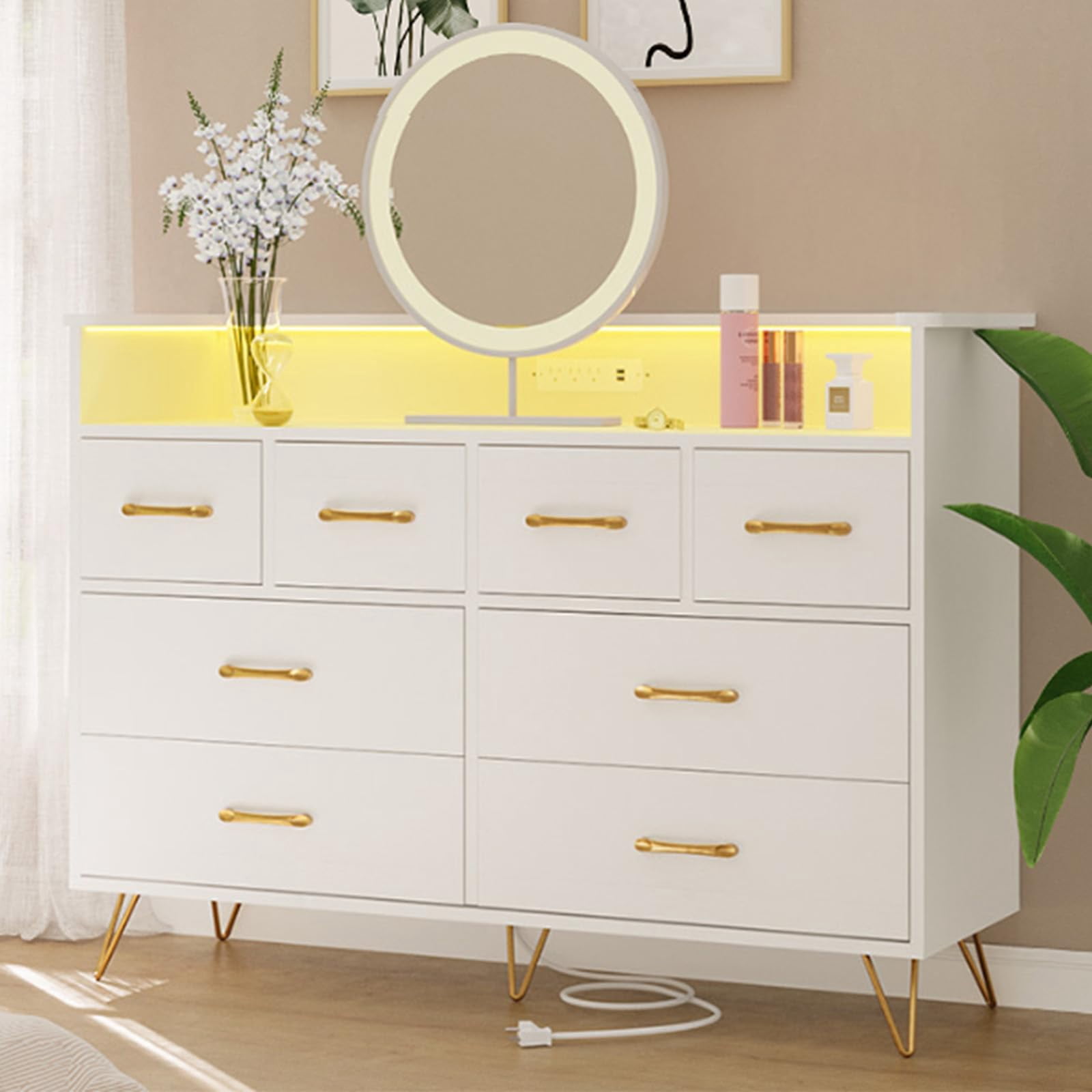 BeesClover Commode Moderne à 8 Tiroirs avec Lumières DEL, Station de Recharge Intégrée, Grand Rangement, Dimensions 49.08 Pouces x 16.73 Pouces x 35.43 Pouces, Parfaite pour la Chambre, le Salon et l'Entrée
