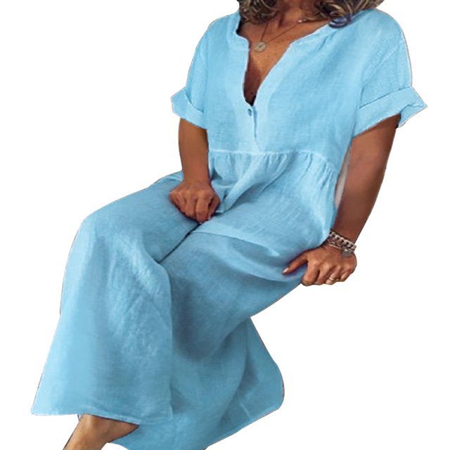 CHUANK Robe Maxi Ample à Manches Longues en Coton et Lin pour Femmes, Grande Taille, Unie, Boutonnée