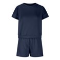 thumbnail image 5 of Mikilon Ensemble de Sport Confortable pour Femmes Couleur Unie Nouvelle Mode Décontractée Haut à Manches Longues et Shorts Ensemble de Haut/chemise à Col Rond à Manches Courtes Mode et Confortable Marine TP, 5 of 5