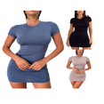 thumbnail image 2 of Women Bodycon Mini Dress Ruched Casual Short Sleeve  Neck Solid Slim Fit Tee Shirt Dress, 2 of 6