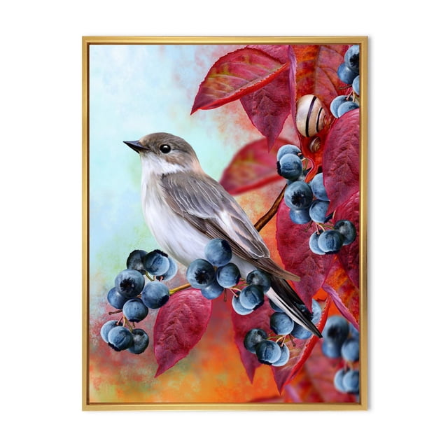 Designart Little Gray Bird On Red Autumn On Blueberry Twig FLOAT FRAME WALL ART depicting a gray and white bird perched on a twig with clusters of blue blueberries and red autumn leaves, printed on fade-resistant premium canvas stretched over a 1-inch wood sub frame with a light wood floating frame, ready to hang and suitable for enhancing home décor.