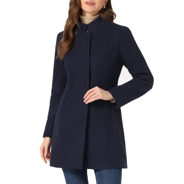 INSPIRE CHIC Manteau d'Hiver pour Femme à Col Montant, à Simple Boutonnage, Long Mi-Cuisse, Bleu Marine, TG