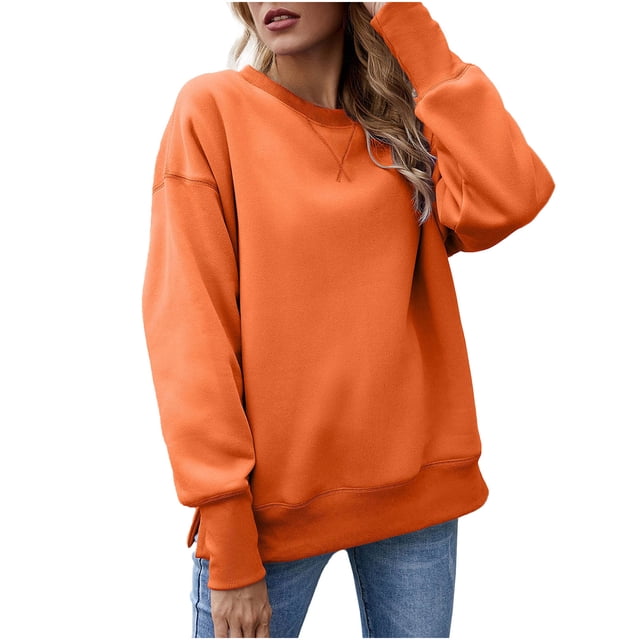IROINID T-Shirt à Manches Longues en Polyester Réduit pour Femmes Chemises en Coton pour Femmes Quotidien Nouveau Bas Fendu en Molleton Col Rond Chandail avec Peluche et Chandail Épaissi, Orange