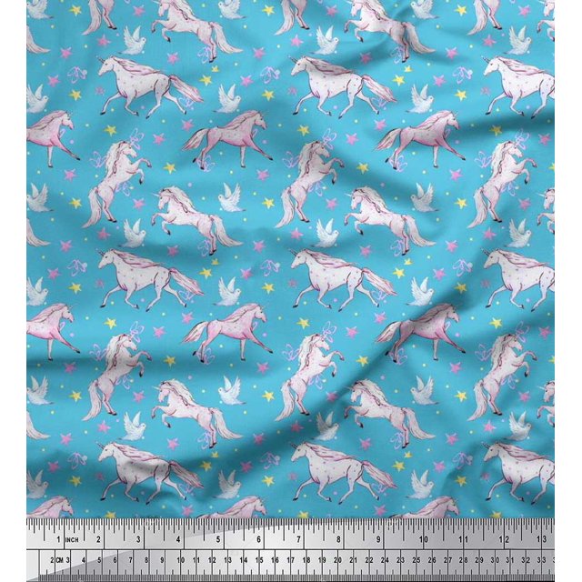 Soimoi Poly Georgette Fabric Dot,Star & Unicorn Animal Decor Fabric Printed Yard 52 Inch Wide