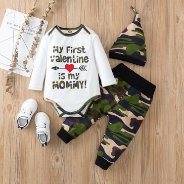 LSLJS Valentines Day Baby Boys Long Sleeve Camouflag Letter Print Romper+Pants+Hat Set, Baby Romper