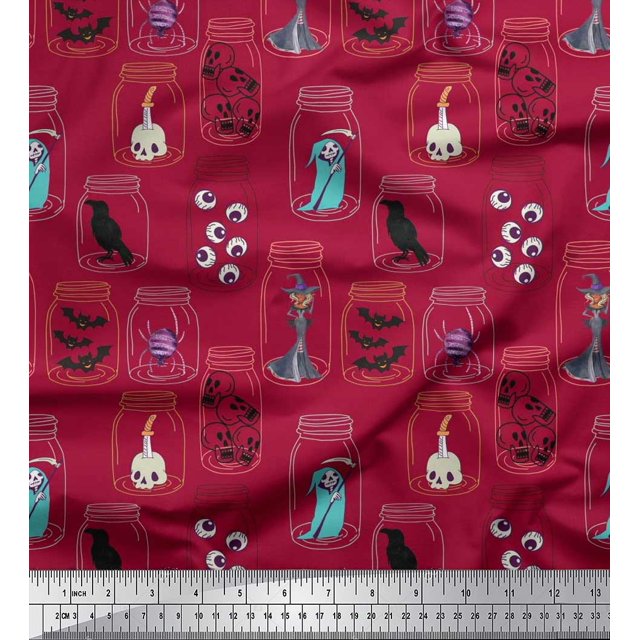 Soimoi Polyester Crepe Fabric Ghost,Skull & Witch Halloween Decor Fabric Printed Yard 52 Inch Wide