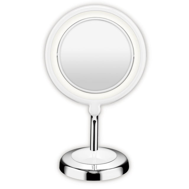Conair True Glow 1x/3x Soft Halo Makeup Mirror featuring a round dual magnification mirror with 1x and 5x views, surrounded by a white LED soft halo light, mounted on a polished chrome stand with a circular base, suitable for detailed makeup and grooming tasks.