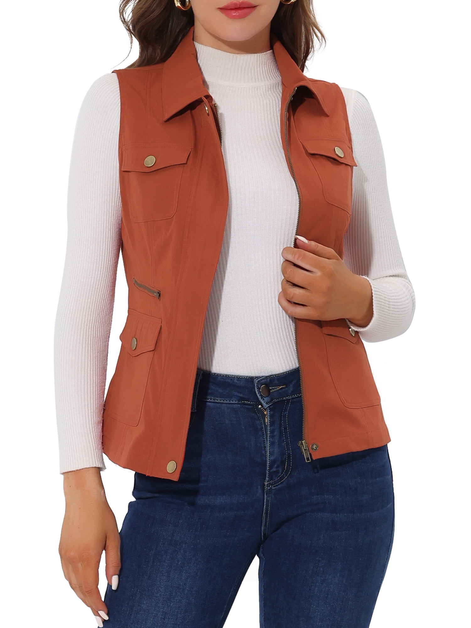 INSPIRE CHIC Women's Zip Up Jacket Sleeveless Anorak Utility Vest Jacket with Pockets M Orange Red