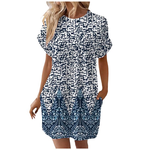TJAZFJPA Robes Vintage Femmes Robe T-Shirt Douce Manches Courtes Tunique d'Été Décontractée Robe Imprimée Ample avec Poches Robe Formelle Femmes Robe de Tennis