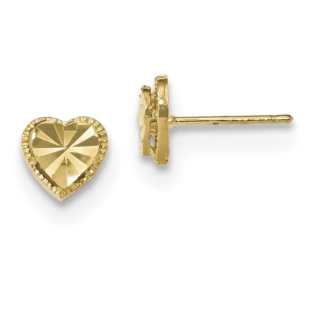 14K Yellow Gold Polished Diamond Cut Heart Post Earrings
