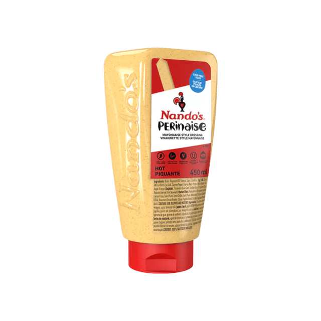 Nando's PERINAISE NANDOS Bouteille Compressible HOT 450 ml de Vinaigrette Crémeuse Sans Gluten de Style Mayonnaise à Saveur Épicée PERi-PERi, avec un Contenant beige Embossé du logo et un Bouchon Rouge à Rabat, Idéale comme condiment de Garde-Manger Ou Tartinade de sandwich.