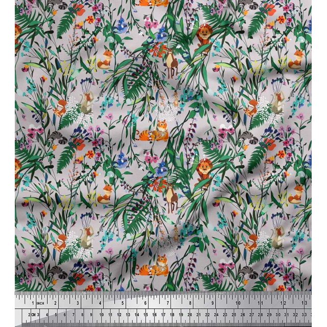 Soimoi Poly Georgette Fabric Leaves & Cartoon Animals Jungle Decor Fabric Printed Yard 52 Inch Wide
