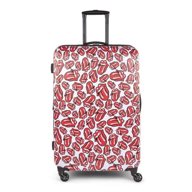 THE ROLLING STONES - SHINE A LIGHT COLLECTION - Valise Verticale de 28” avec Coque Rigide en ABS/PC Blanche Comprenant Plusieurs logos à Languette ROLLING STONES Rouges, Poignée Télescopique Noire pour Chariot, Roues Pivotantes 360° Simples, Poignées Renforcées et Compartiments Internes pour un Emballage Organisé.