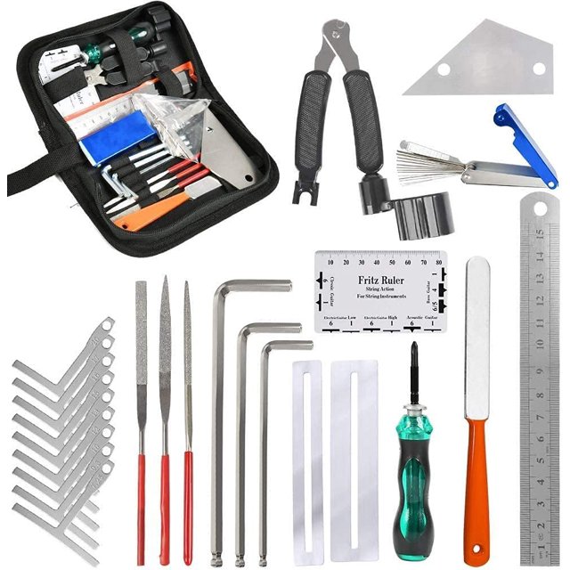 TIMESETL Kit d'Outils de Réparation de Guitare, Organisateur de Ficelle, Règle d'Action, Jauge, Outil de Mesure, Clé Hexagonale, Protection de Fingerboard, Jauges de Rangée sous la Corde, Nivelage de Guitare