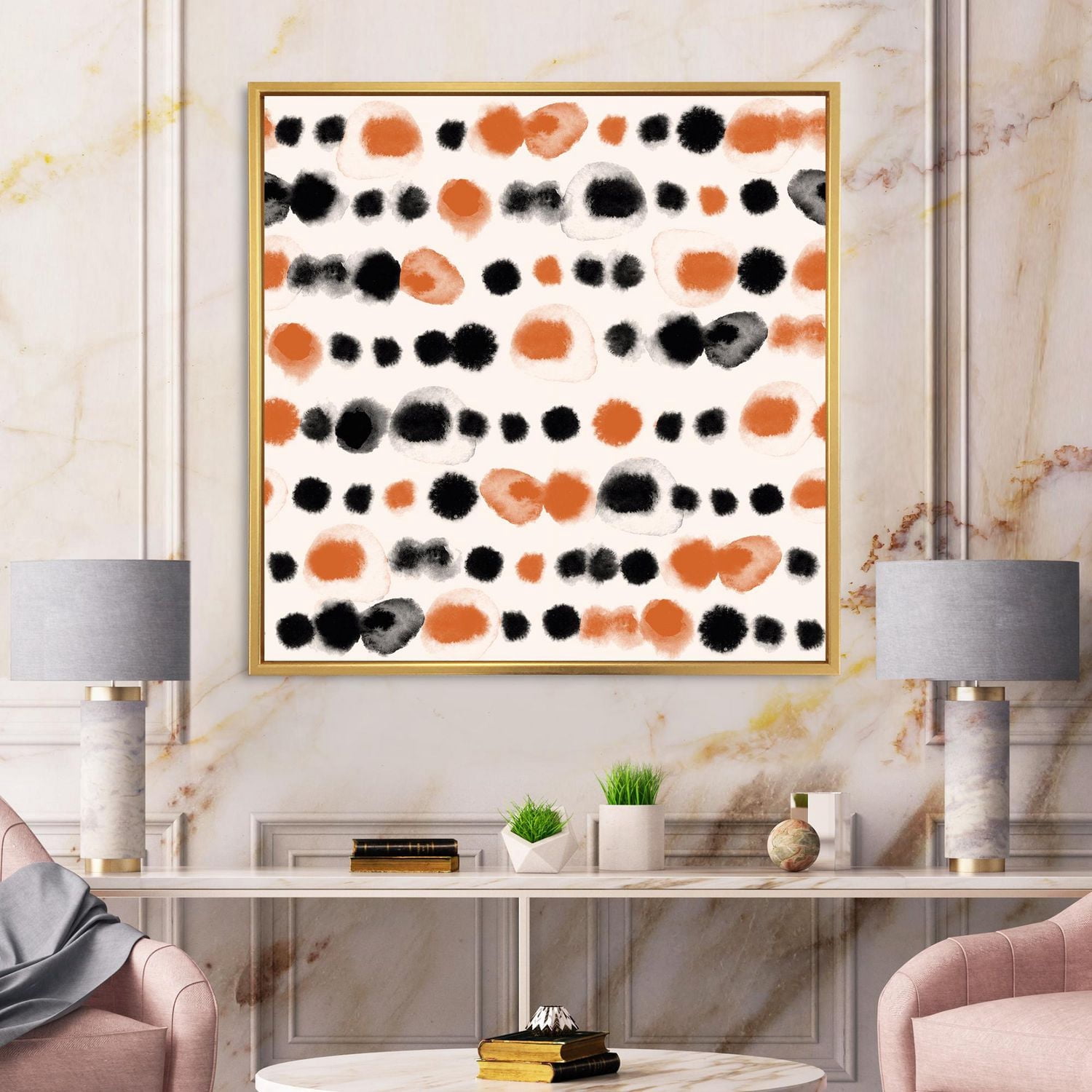 Designart Pois noirs et orange ART MURAL À CADRE FLOTTÉ