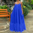 thumbnail image 3 of HKEJIAOI Robes de Sortie pour Femmes Offres Liquidation Cadeau de la Saint-Valentin Femmes Mode Décontractée Robe Unie à Bretelles Poche Ample Dos Nu Grande Robe Évasée Bleu, 3 of 8