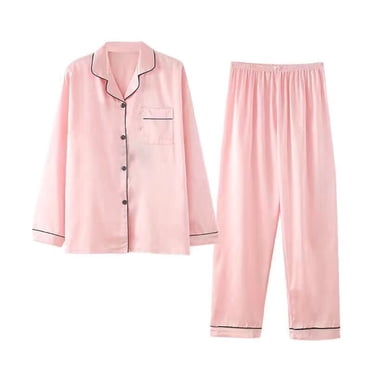 Weiqiqre Ensemble de Pyjama en Satin pour Femme, 2 Pcs Pyjama Soyeux à Manches Longues + Pantalon Tenue de Nuit pour Maman