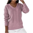 thumbnail image 1 of Yuyuzo Women's Sweater Long Sleeve V Neck Cable Knit Tops Solid Color Loose Pullover Sweater, 1 of 6