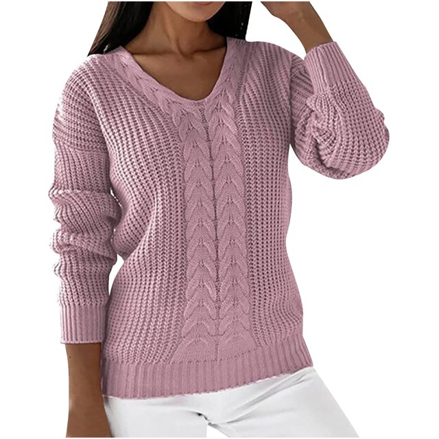 Yuyuzo Women's Sweater Long Sleeve V Neck Cable Knit Tops Solid Color Loose Pullover Sweater