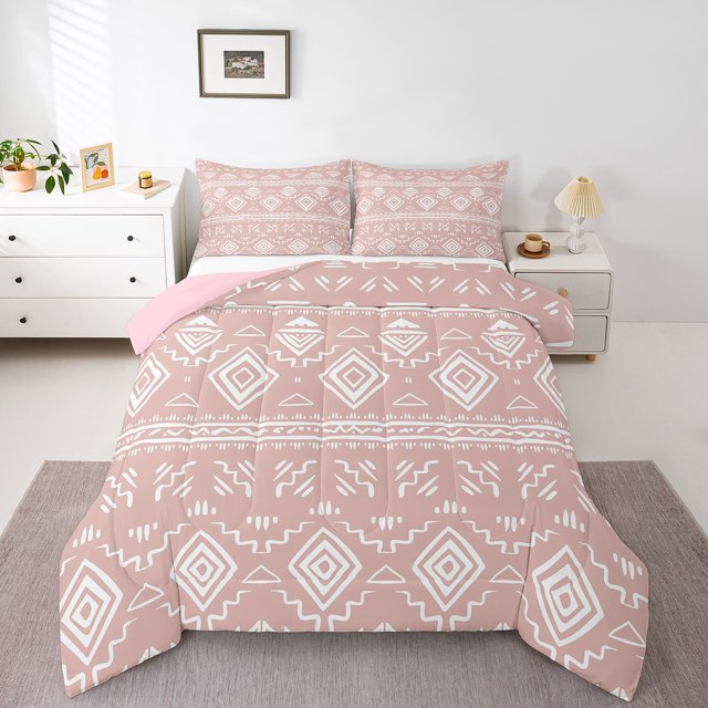 Erosebridal Bohemian Aztec Comforter Sets Full Size, Tribal Geometric Pattern Comforters & Duvets, Pink, Reversible 3-Piece