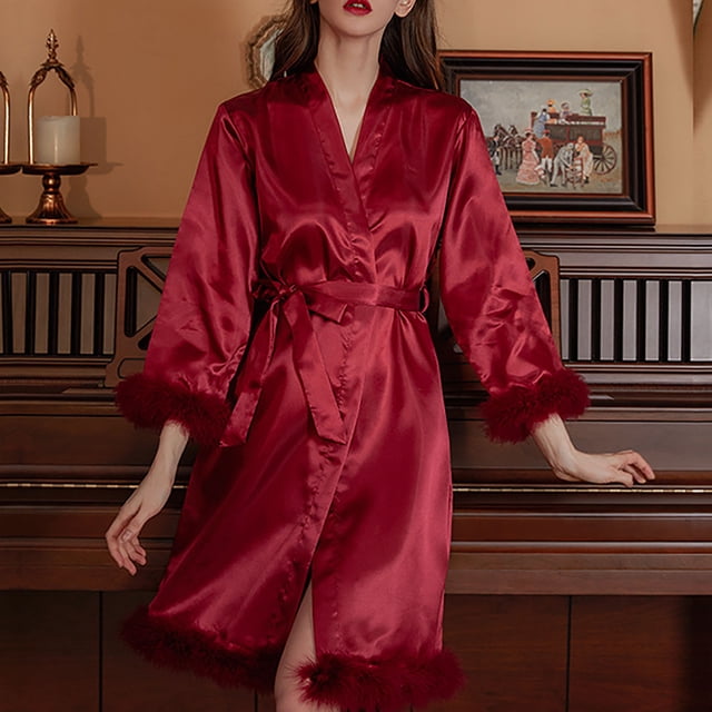 Tawop Peignoir Femme Pyjama Femme Peignoir Robe Décontractée Femme Chemise de Nuit Rouge G