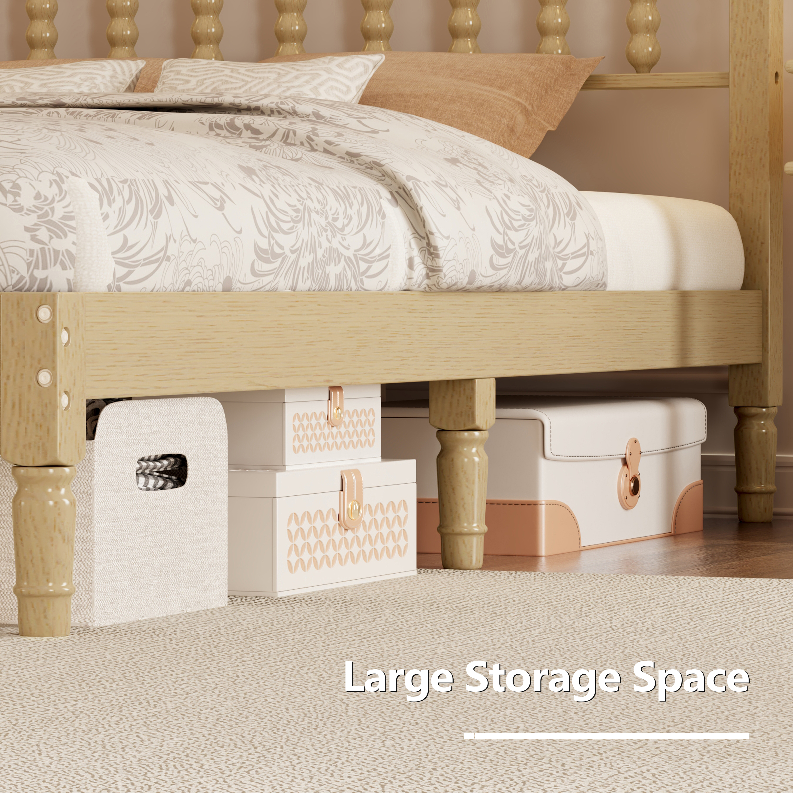 Homy Casa Queen Wood Platform Bed with Gourd-Shaped Headboard, Natural Finish, 10 Slats, No Box Spring