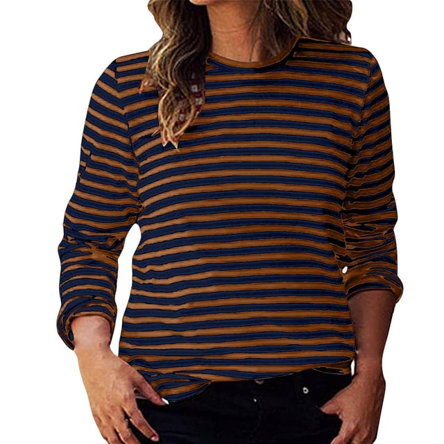 Aocisk T-Shirts à Blocs de Couleur Rayés pour Femmes, Manches Longues, Col Rond, Coupe Régulière, T-Shirts Décontractés, Confortables pour l'Automne, Hauts, Brun, G