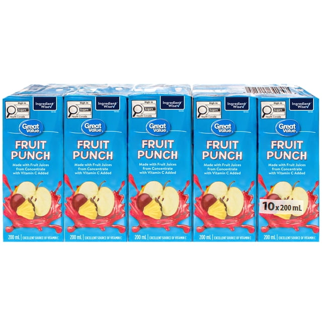 Great Value Boisson Punch aux Fruits, Lot de 10 cartons de 200 ml avec Emballage Bleu Mettant en Vedette Pomme, Ananas et Éclat de Cerise, Faite avec des Jus de Fruits Faits de Concentré et de Vitamine C Ajoutée, Étiquetée avec la Teneur en Sucre des Ingrédients de Santé Canada, Idéale pour un Service Réfrigéré.