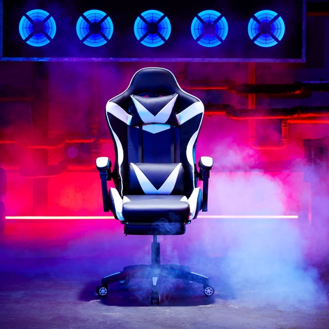 Fauteuil Inclinable en Cuir pour Gamer Melior, Soutien Ergonomique, Dossier Haut, Massage, Roues, Blanc