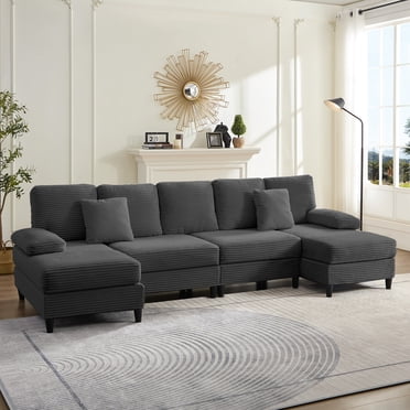 BALUS 112" U Shaped Sectional Sofa with Chaise, 6-Seats Sofa with Chaises, Corduroy Sofa for Living Room - Dark Grey