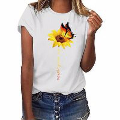 Blouse Été Manches Courtes T-shirt Femmes Tournesol Imprimé Rond Femmes Tournesol Blouse Femmes Col Haut, Blanc, L