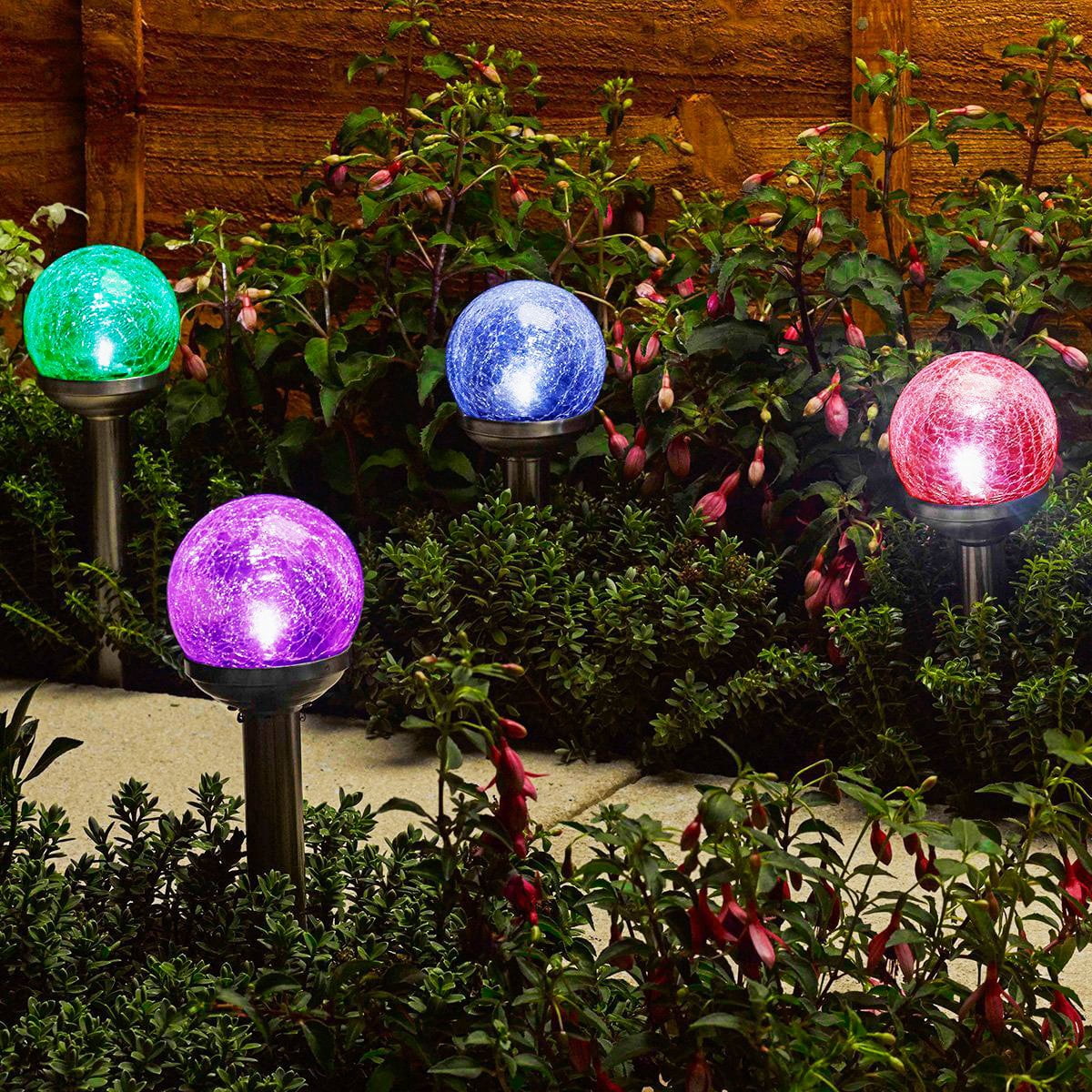 Solar Pathway Lights Crackle Glass Globe Solar Lights Outdoor Color Changing Stainless Steel Solar Garden Lights, Set of 4