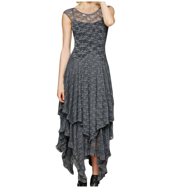 LSLJS Women Hippie Style Asymmetrical Lace Sexy Long Double Layered Ruffled Trimming Low V-Back Dresses, Sundress Summer Beach Dresses