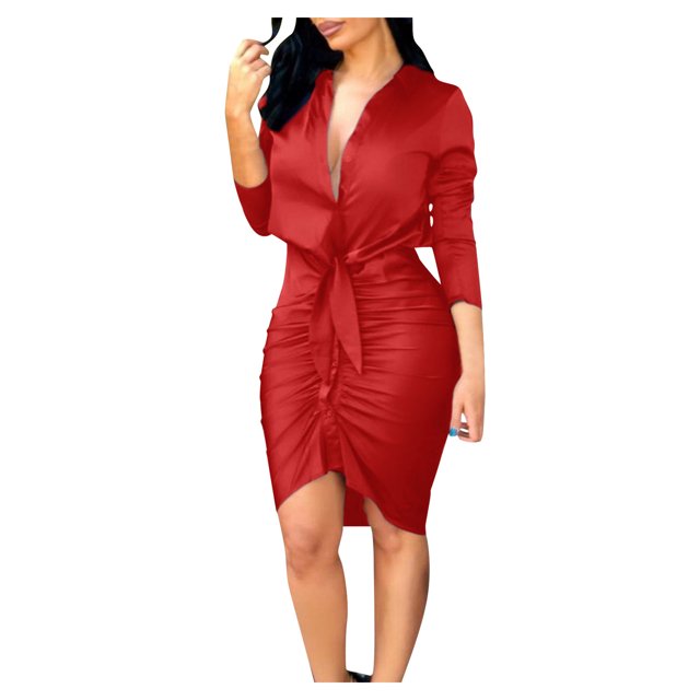 Robe Décontractée à Manches Longues Unie Col en V pour Femmes