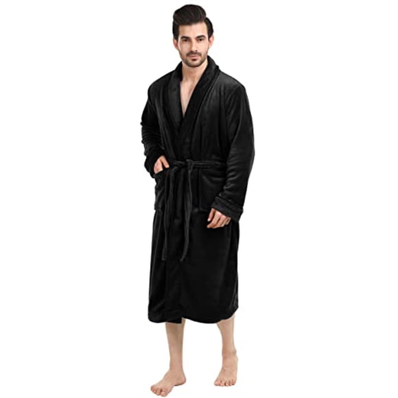 NY Threads Luxurious Mens Shawl Collar Fleece Bath Robe Spa Robe, Black, XX-Large-3X-Large