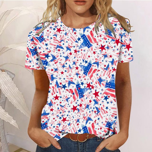 Hauts d'Été Grande Taille pour Femmes Décontractés T-Shirts d'Été Décontractés pour Femmes à Col Rond à Manches Courtes T-Shirts à Imprimé Drapeau Coupe Ajustée Hauts Basiques Tees Blouses T-Shirt à Col en V pour Femmes en Liquidation