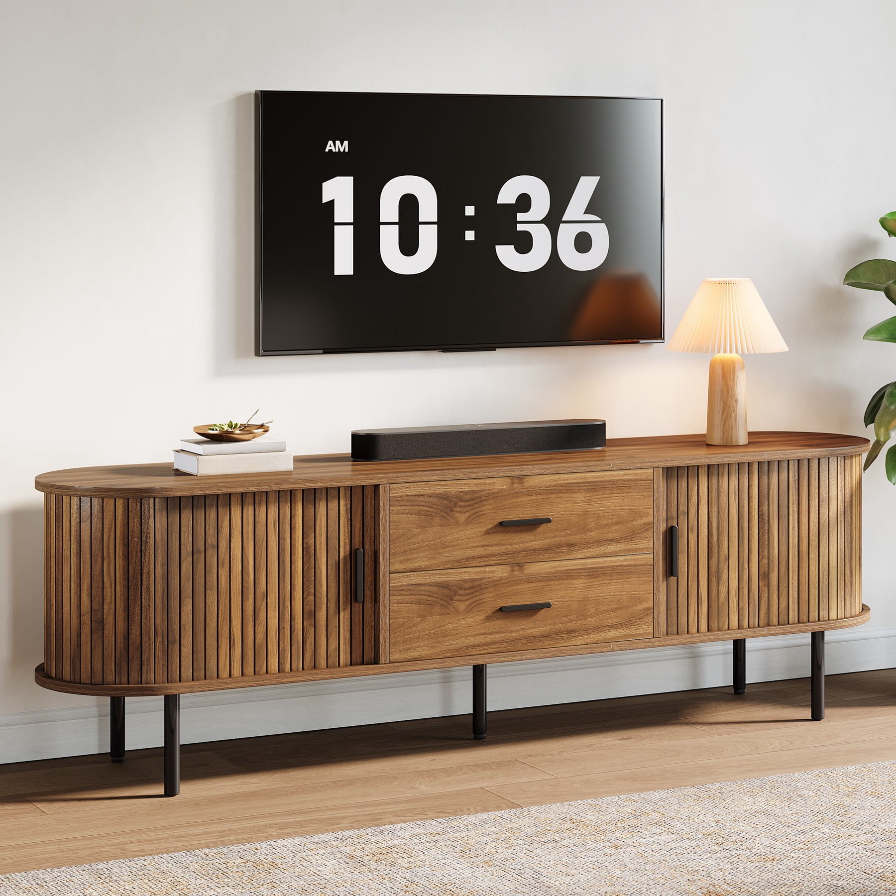 Tribesigns 70" Mid-Century Modern TV Stand with Sliding Tambour Door, Drawers and Adjustable Shelves