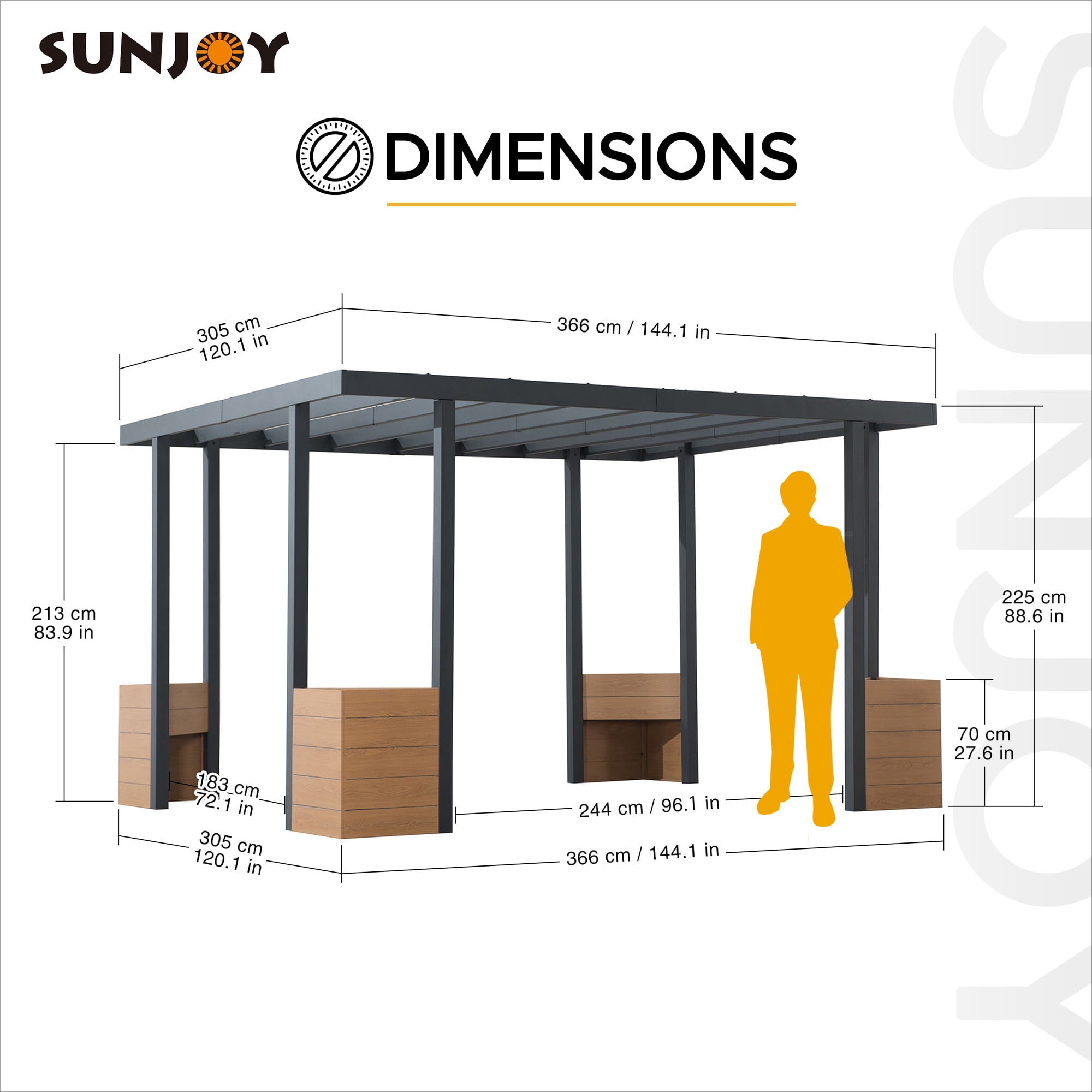 Sunjoy 10 x 12 ft. Outdoor Patio Black Steel Frame Pergola with Planters