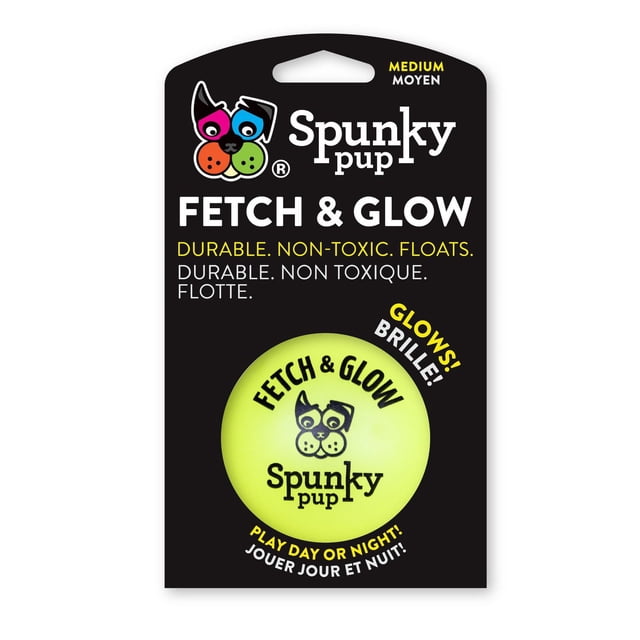 Jouets Balle à Rapporter et à Luire pour Chien par Spunky Pup, Taille Moyenne, Durables, Non Toxiques, Balle à Rapporter Imperméable Qui Brille dans le Noir et Flotte, Convient pour l'Intérieur et l'Extérieur play day Ou la Nuit, Présentée dans un Emballage Noir avec Texte Bilingue Anglais et Français.