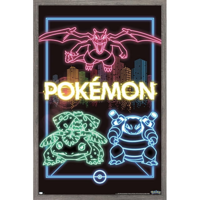 Pokémon - Affiche Murale de Groupe Néon, 14,725 Pouces x 22,375 Pouces Encadrée Présentant des Contours Néon de Charizard en Rose Volant au-Dessus d'Une skyline de Ville Multicolore, avec Vénusaure en Néon Vert et Blasttoise en Néon Bleu en Dessous, le Tout sur Fond Noir avec une Bordure Néon Bleue et une Icône Poké Ball au Centre Inférieur, Convient à la Décoration Murale de Chambre Ou de Salle de Jeux.