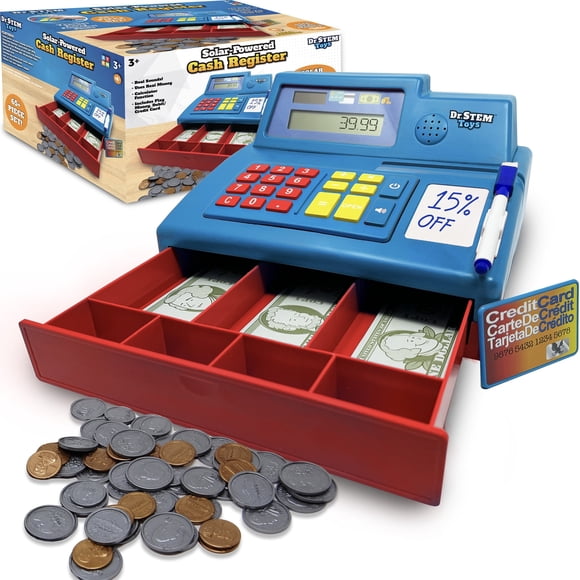 Dr. STEM: Caisse Enregistreuse à Énergie Solaire - Bleu - Jouet de Jeu de Rôle 68 Pcs pour Magasin et Magasinage, Calculatrice de Maths Fonctionnelle, Sons, Argent à Jouer et Carte de Débit, Enfants 3+