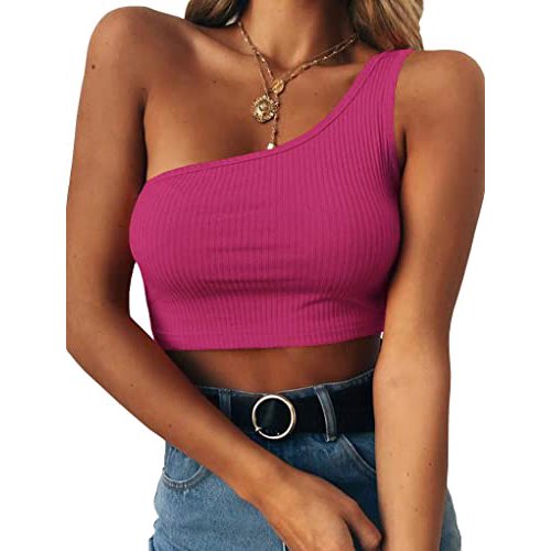 Débardeurs Courts Sans Manches pour Femmes Aguichant une Épaule T-Shirts Basiques (Rose Rouge, m)