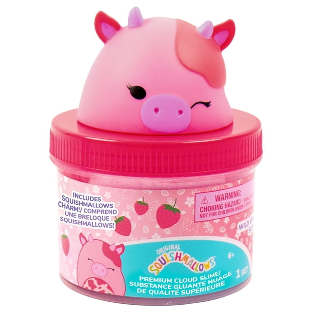 Original Squishmallows™ Calynda the Cow Premium Cloud Slime in a clear pink jar with a resealable bright pink lid topped by a winking pink cow charm, containing 8 oz. of two-toned pink strawberry-scented slime with iridescent glitter and strawberry graphics on the label, suitable for sensory play and stress relief.