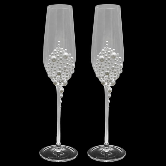 2 PCS Crystal Champagne Flutes, Clear Champagne Flute with Pearls, Elegant Wedding Glasses for Bride Groom, Toasting Cups for Couples, Engagement Wedding House Warming Present