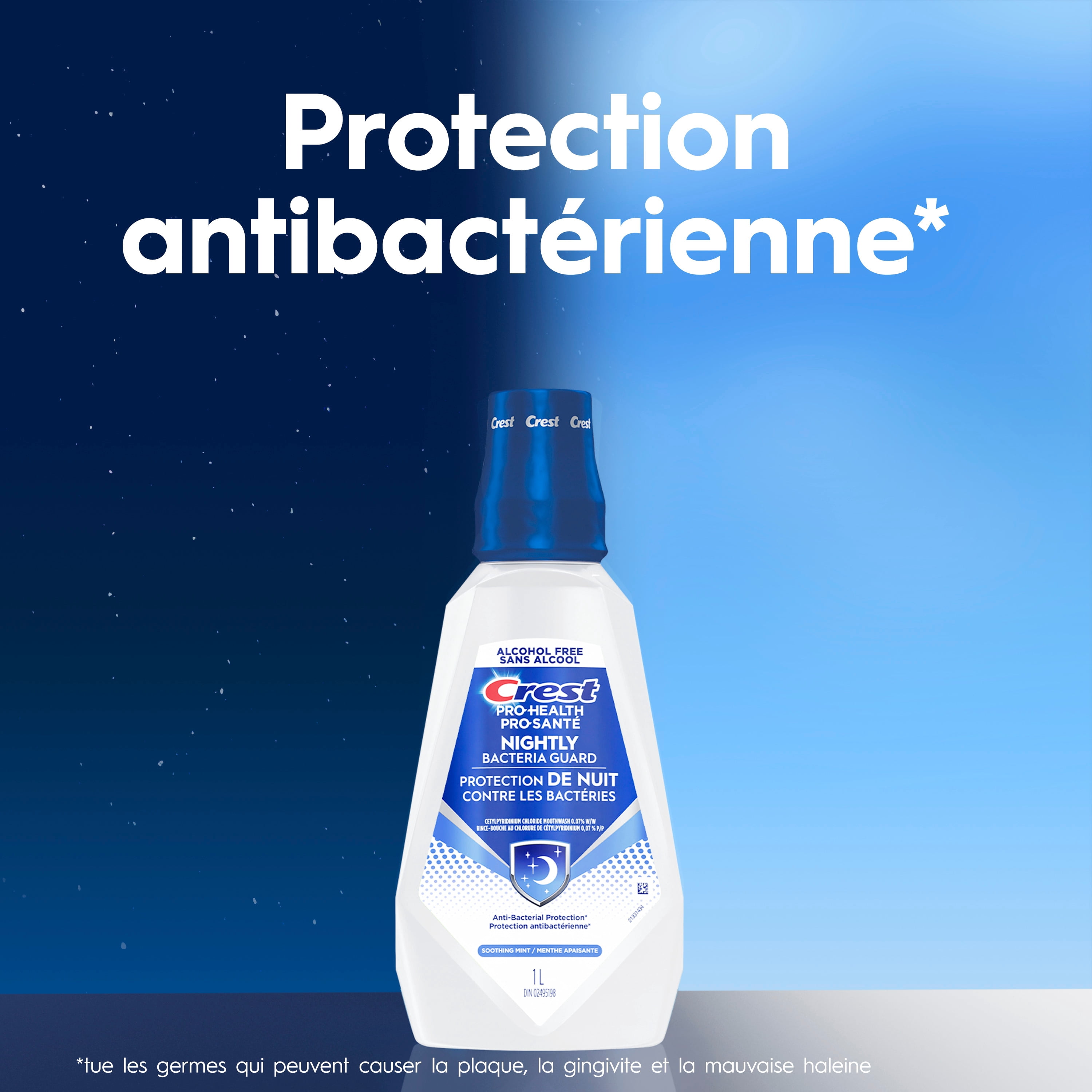 Rince-bouche Crest Pro-Santé Protection de nuit contre les bactéries, antibactérien pour une protection de nuit, sans alcool, antigingivite, antiplaque, Menthe apaisante, 1 L