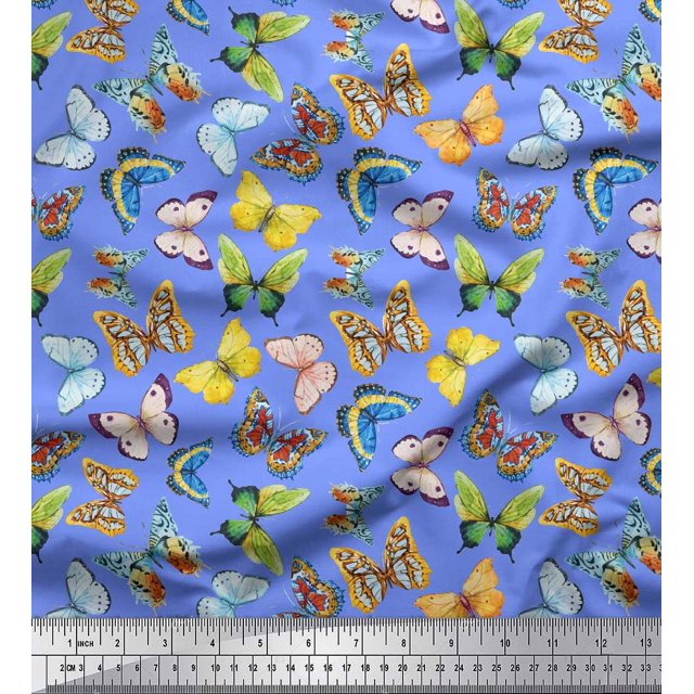 Soimoi Blue Moss Georgette Fabric Colorful Butterfly Printed Fabric 1 Yard 42 Inch Wide