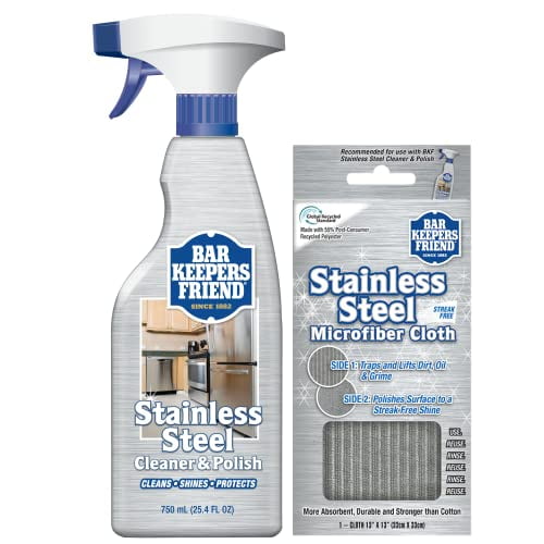 Bar Keepers Friend Stainless Steel Cleaner Spray (25.4 oz) and Microfiber Cloth bundle. The spray bottle features a blue trigger nozzle and a label highlighting its cleaning and polishing capabilities for stainless steel surfaces. The microfiber cloth packaging emphasizes its dual-sided functionality for trapping dirt and polishing to a streak-free shine. Suitable for cleaning appliances like refrigerators, sinks, and range hoods.