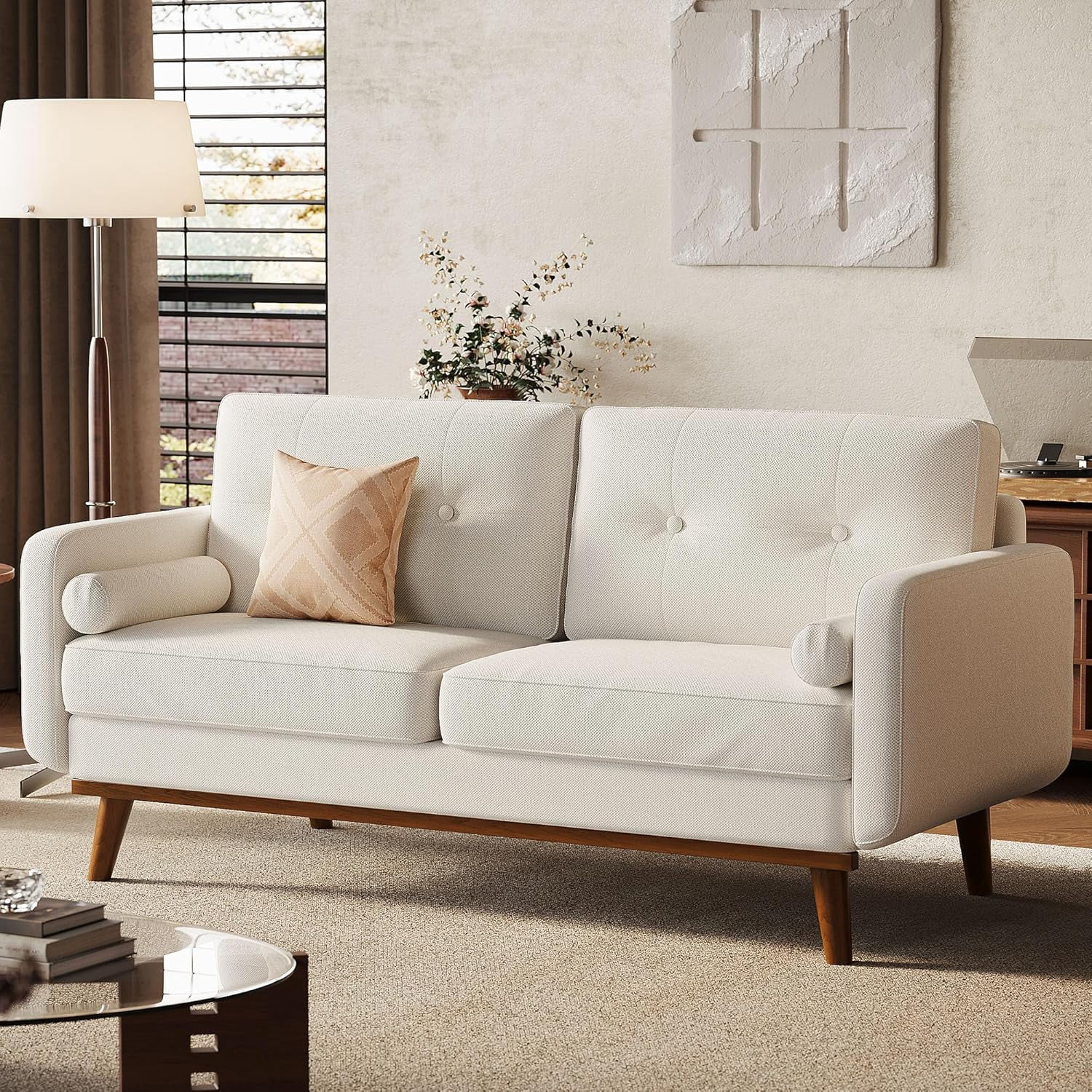 IdealHouse 65" Mid Century Modern Loveseat Sofa, Linen Upholstered 2-Seater Couch, Deep Seat Love Seat for Living Room, Bedroom, Office, Small Space, Beige